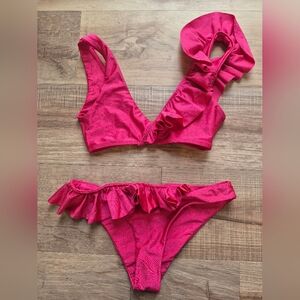 Tularosa Vibrant Pink Cranberry Red Ruffle Bikini Top Bottom Swim Suit Perfect